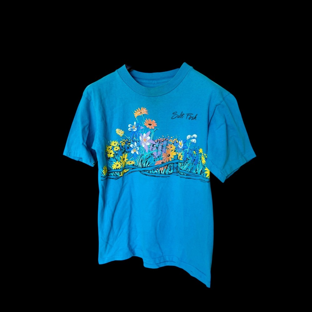 Vintage 1990 Salt Fork Floral Graphic T-Shirt Blue Single Stitch Medium